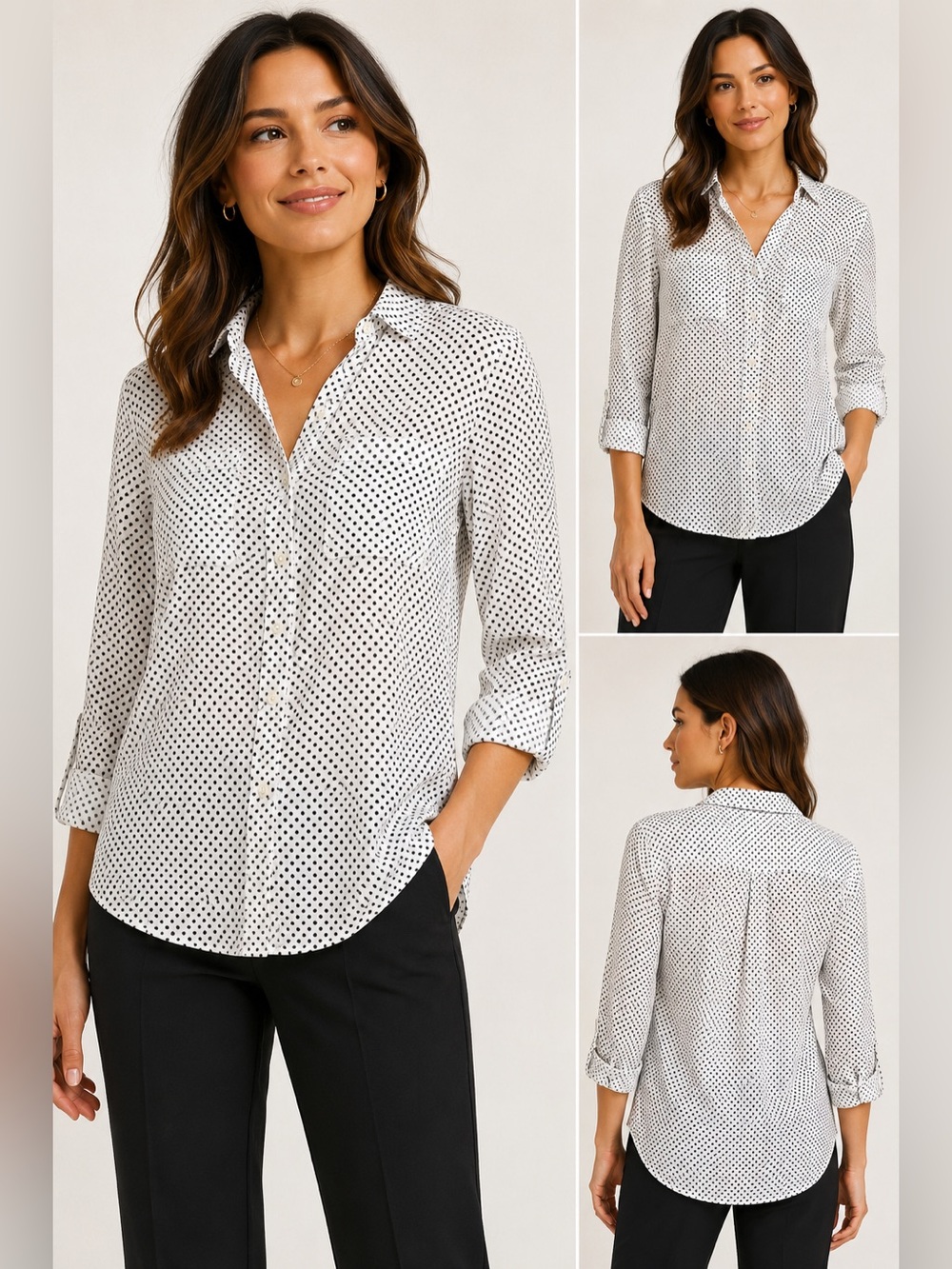 Express White Button-Down Shirt with Black Polka Dots